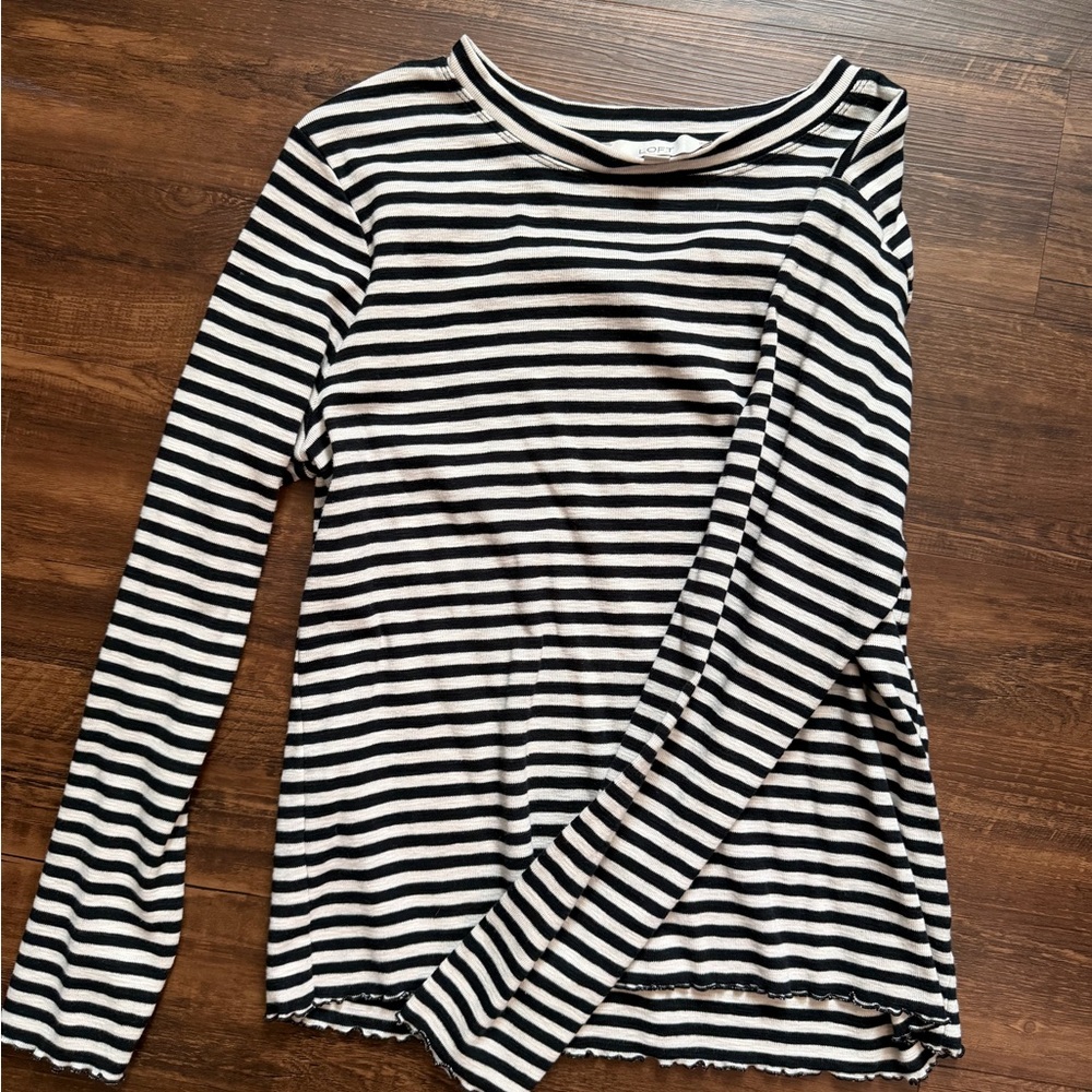 LOFT Black and White Striped Long Sleeve Top